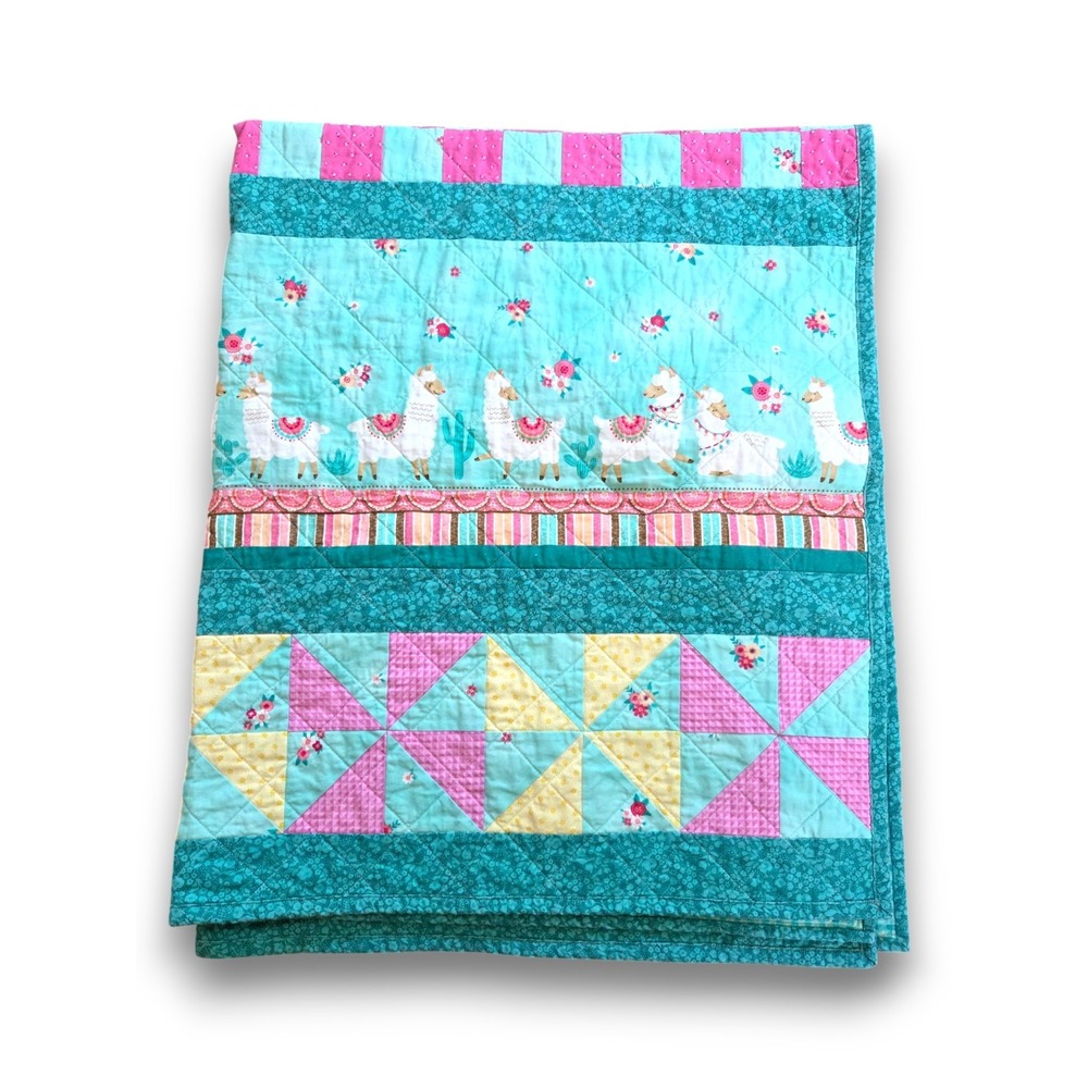 Handmade Pieced Quilt Baby Crib Blanket Pastel Pinwheel Llama 41x51